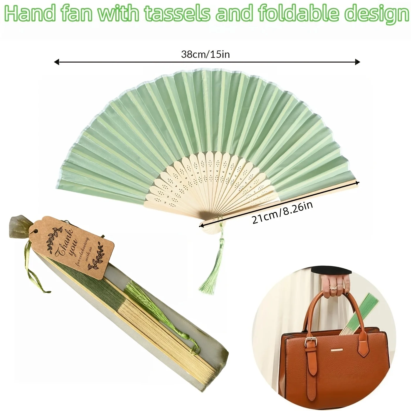 24-Pack Fabric Hand Fan Set with Gift Bags Tags & Tassels – Green Wedding Bridal Shower Party Favor DIY Bamboo Fan Dance Decor