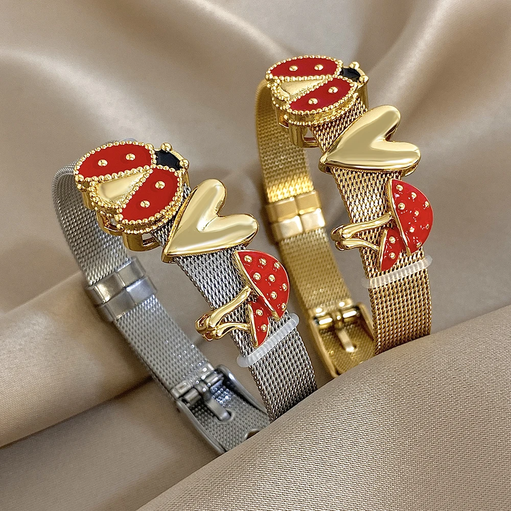 

DODOHAO Creative Stainless Steel Wide Strap Bracelet for Women Hip Hop Ladybug Mushroom Heart Charm Bangle Waterproof Jewelry