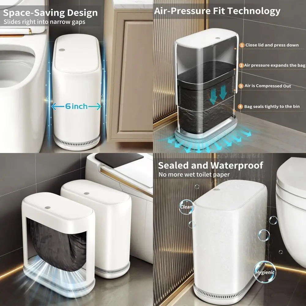 

3 Gallon Slim Bathroom Trash Can with Lid and Auto-Adsorption, 75 Bags Included, Dog-Proof Mini Bin for Home & Office, White