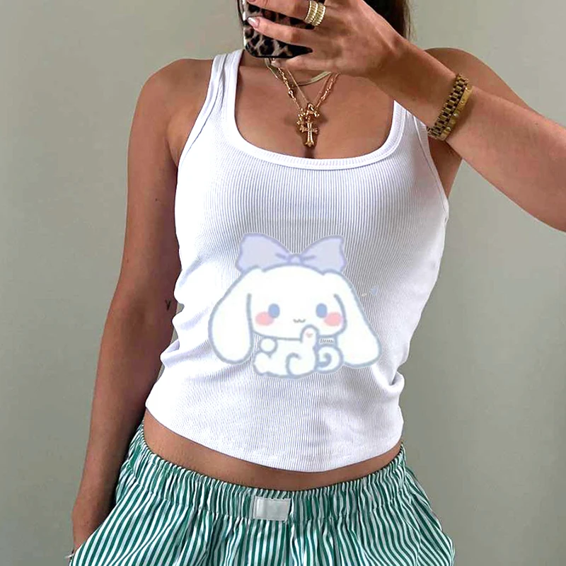 Summer New Y2k Cinnamoroll Vest T-shirt Women's Cartoon Sleeveless Casual T-shirt Sanrio Clothing Tank Top 