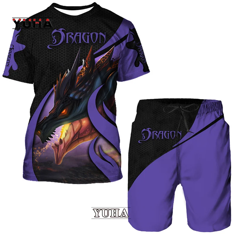 YUHA Flying Dragon Totem Art 3D Print Men's T-Shirt/Suit Summer Cool Short Sleeved Tops+Shorts Set Gothic Hip Hop Sportwear Trac