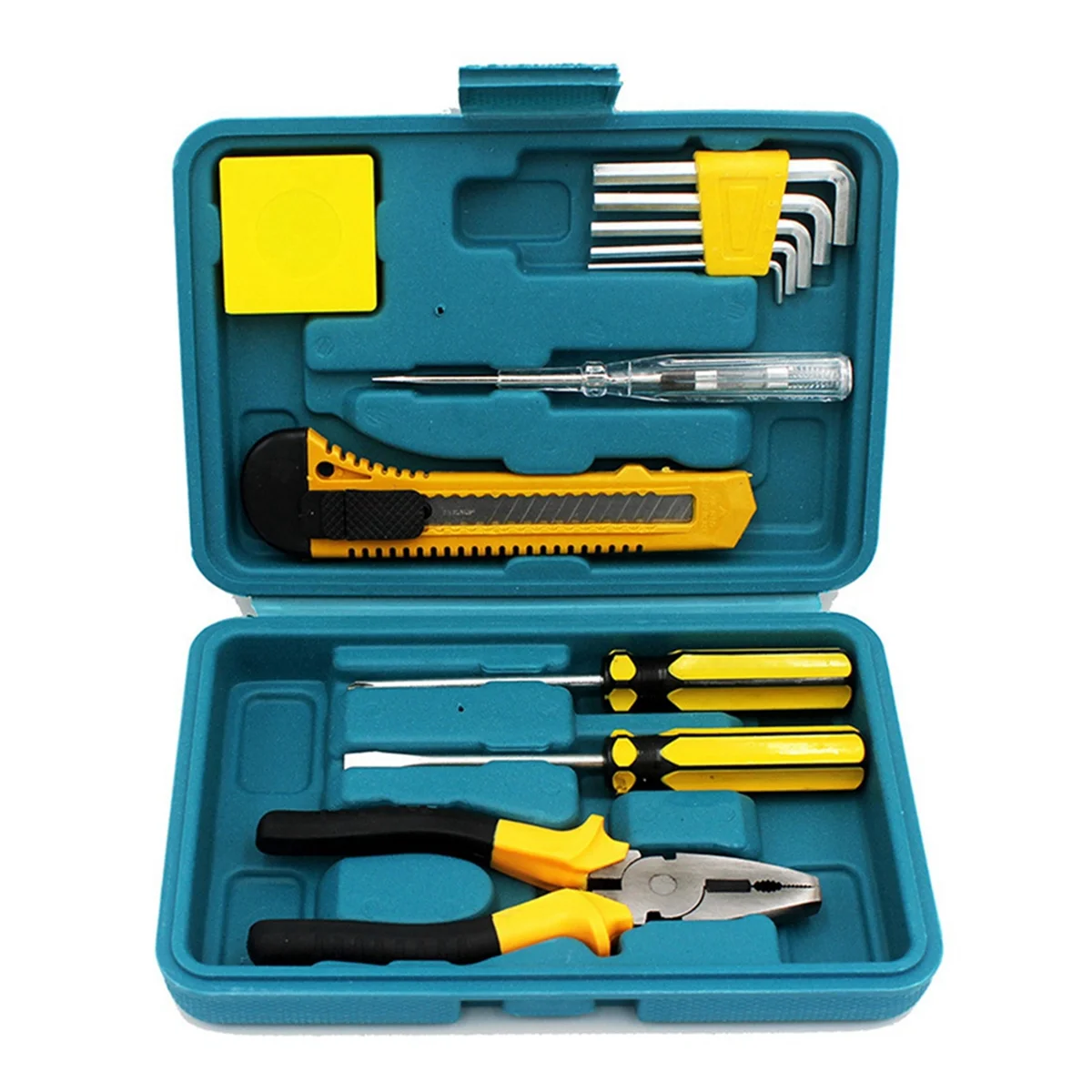 12Pcs Universal Repair Kit with Plastic Toolbox with Wrench, Tape Measure and Screwdriver for Auto Repair Hardware Tools