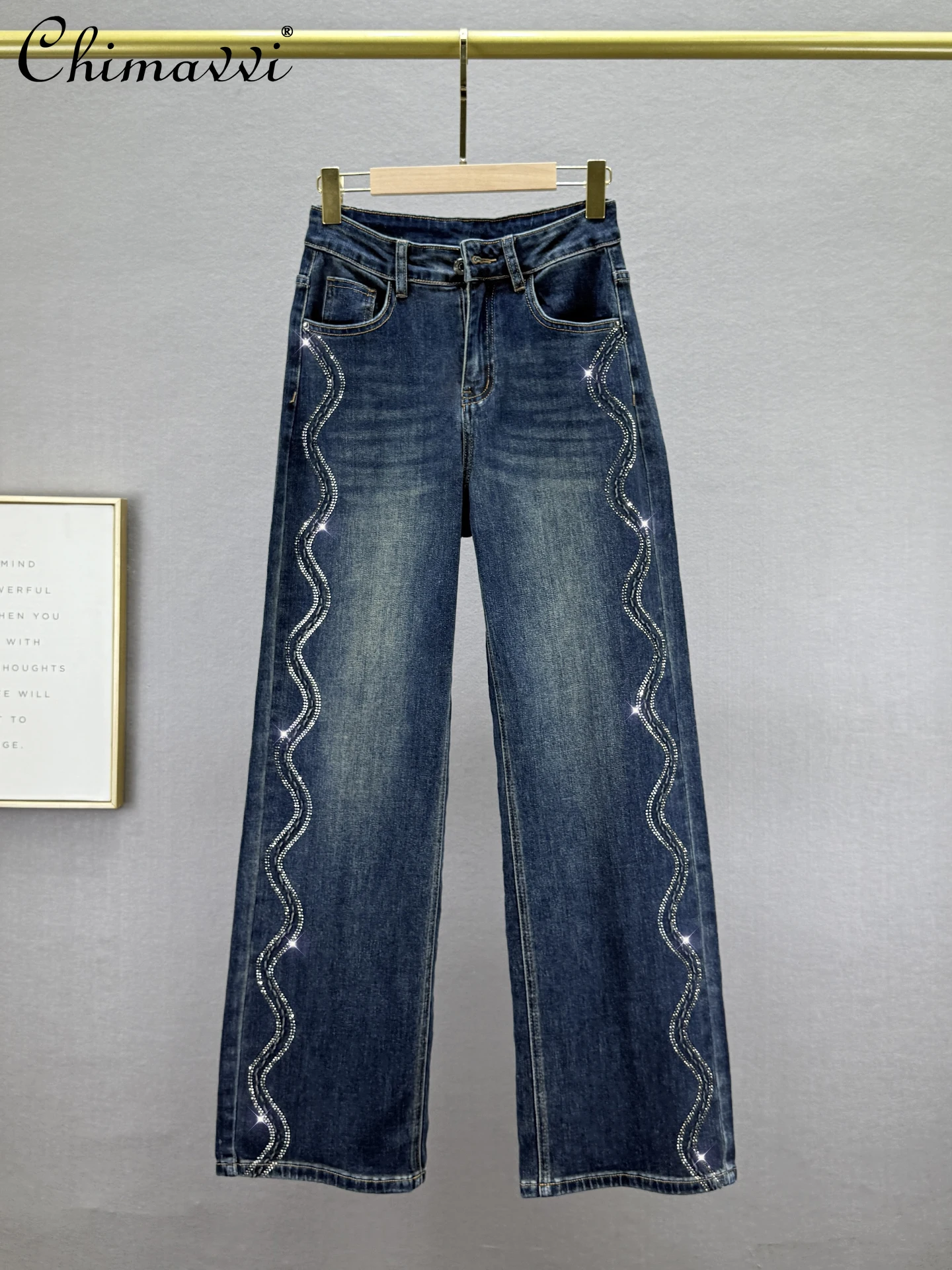 

European Rhinestone Jeans Women Wide-Leg Pants Autumn New Fashion High-Waisted Loose Slim Elegant Extended Length Pants Women