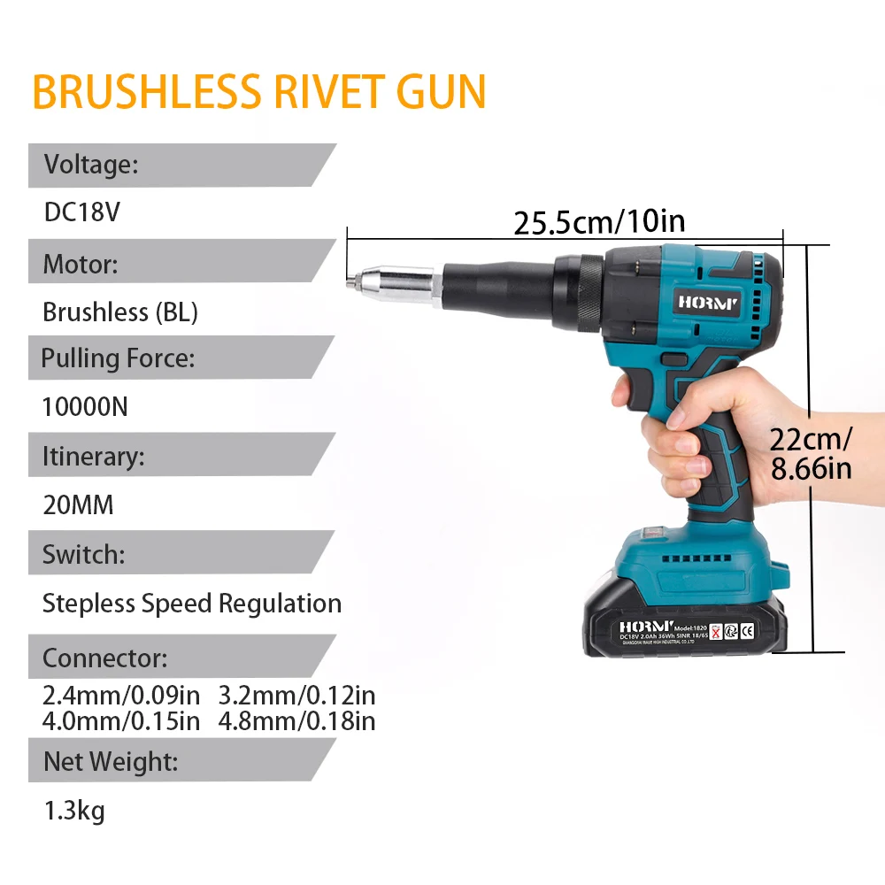 Hormy Brushless Electric Rivet Gun 11000N Cordless Rivet Nut Gun LED Auto Rivet Drill Rechargeable Power Tool For Makita Battery