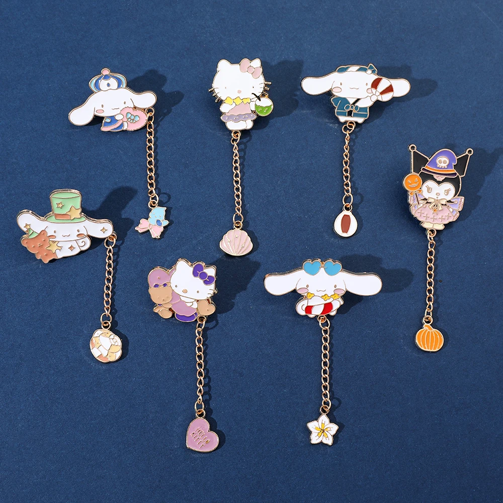 Sanrios Anime Enamel Pins Kawaii Hello Kitty Kuromi Tassel Chain Pendant Brooch for Jacket Badge Lapel Pins Accessories Gifts