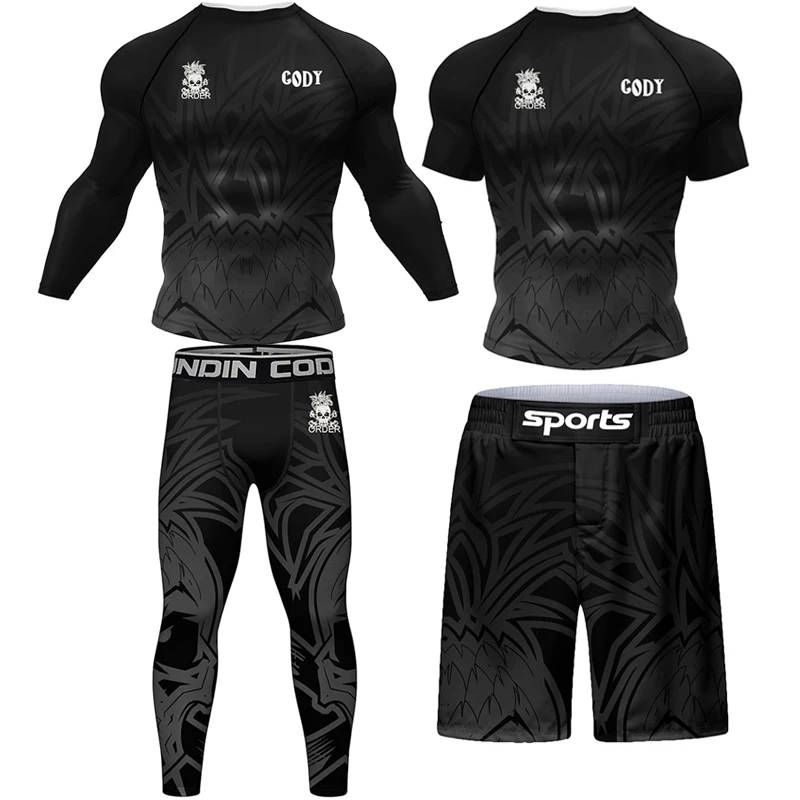 Męskie sportowe koszulki Jiu Jitsu MMA Rashguard + spodnie MMA T Shirt + spodenki BJJ boks 4 sztuk/zestaw na siłownię odzież sportowa Boxeo