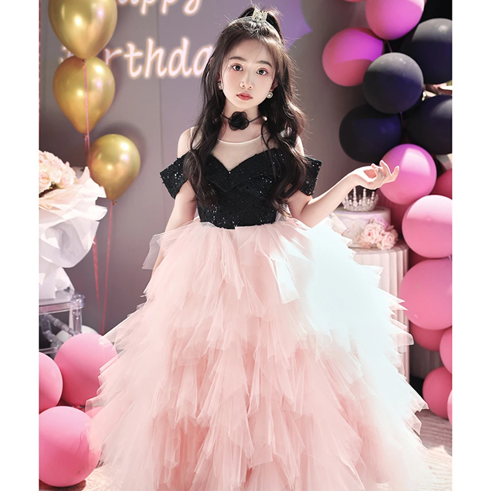 3-10T Girl's Light Luxury Birthdays Party Princess Dresses Children's Sequins Off Shoulder Piano Performances Puff Hem Gown