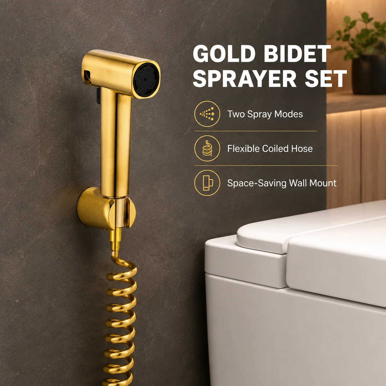 Handheld toilet spray gun - adjustable water pressure, ABS material, chrome-plated finish, includes hose, easy installation.