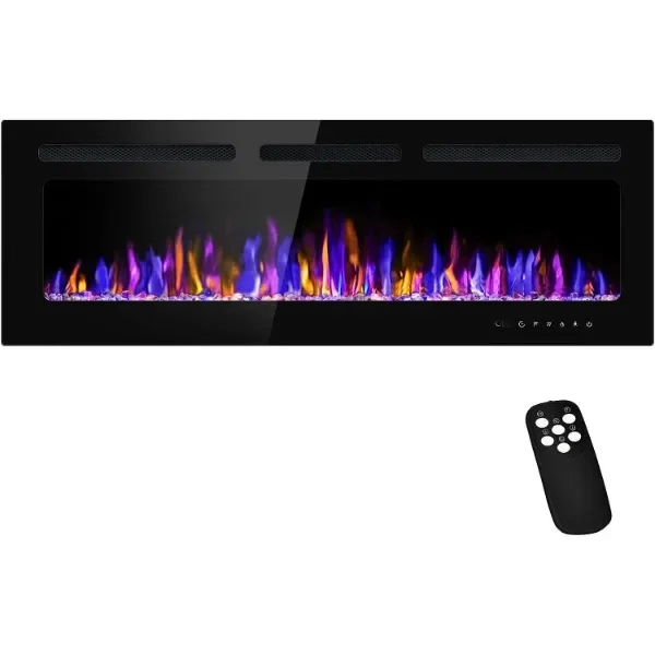 Electric Fireplace Wall Mounted and Recessed with Remote Control, 750/1500W Ultra-Thin Wall Fireplace Heater