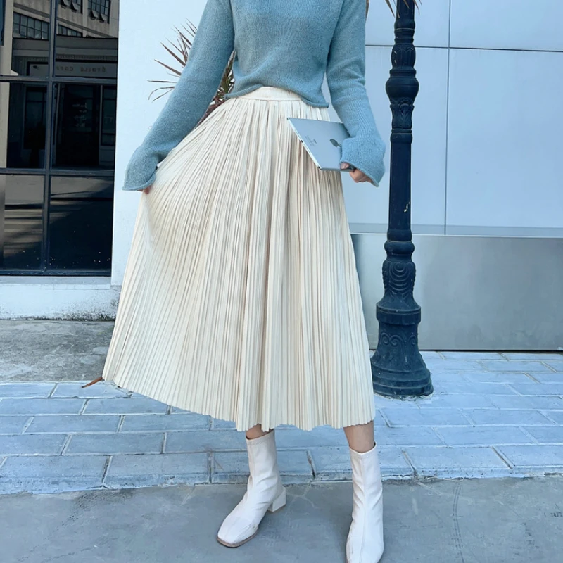 

Pleated Skirts Woman Casual Loose Velvet Midi Skirt Solid Color A-Line Winter Skirts for Women Baggy Elastic Waist Skirt