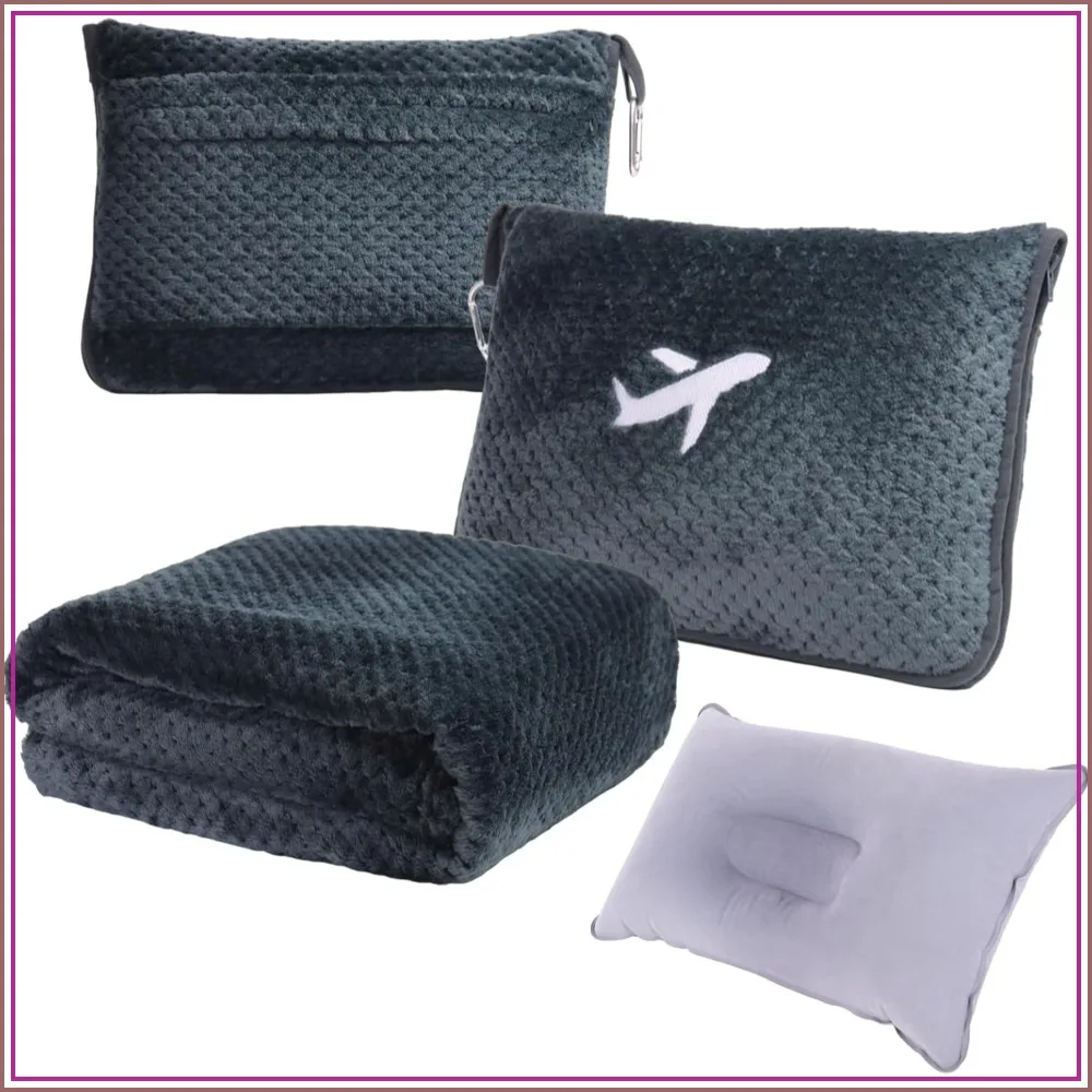3-in-1 Travel Blanket Pillow Set - 350GSM Thick Fleece Blanket with Carry Bag & Inflatable Pillow for Airplane, Camping, Car Trip (Dark Grey)