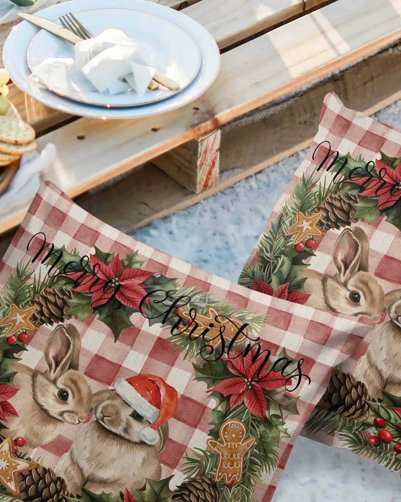 Christmas Wreath Rabbit Christmas Hat Pillowcase Set Living Room Sofa Decor Cushion Cover Waterproof Throw Pillowcover