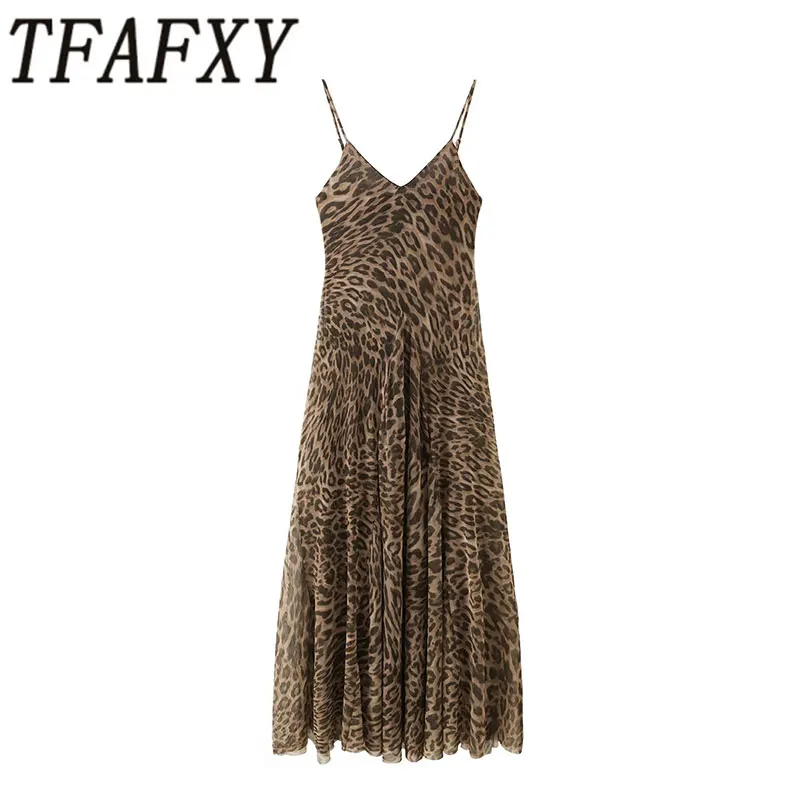 TFAFXY 2026 Sommer Vintage Chic Damenkleid Leopardenmuster Ärmellos Rückenfrei Camisole Langes Kleid Neue Mode Damenkleid