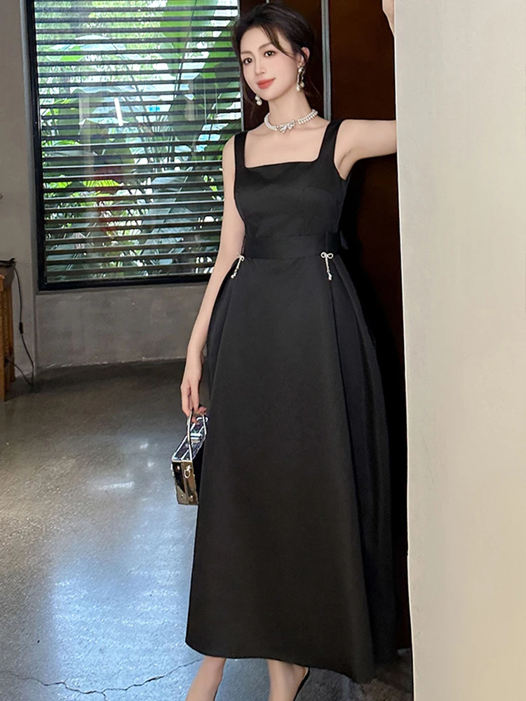 French Elegant Prom Dresses Women Retro Classic Black Strap Backless Pockets Belt Sashes Folds A-line Robe Female Party Vestidos