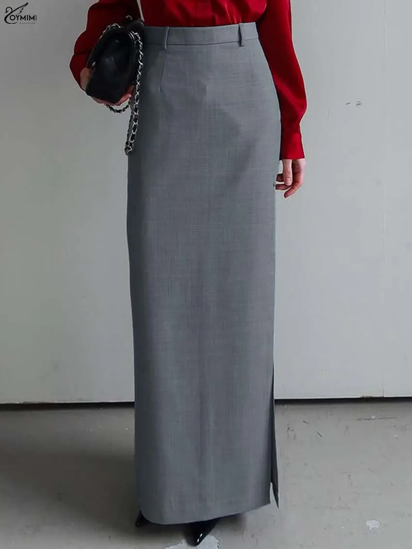 Oymimi Fashion Dark Grey Slim Skirts For Women Elegant High Waisted Zipper Pockets Skirts Autumn New Side Slit Straight Skirt