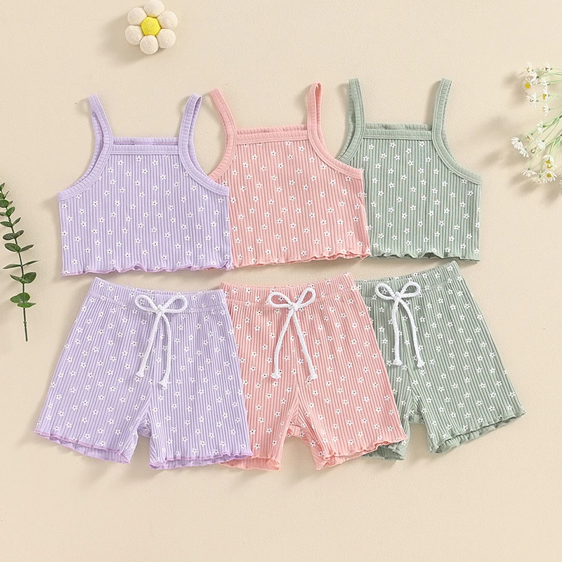 

Summer Baby Girls Suit Set Cute Floral Print Sleeveless Tank Tops + Ribbed Drawstring Shorts Clothes for Toddler Infant