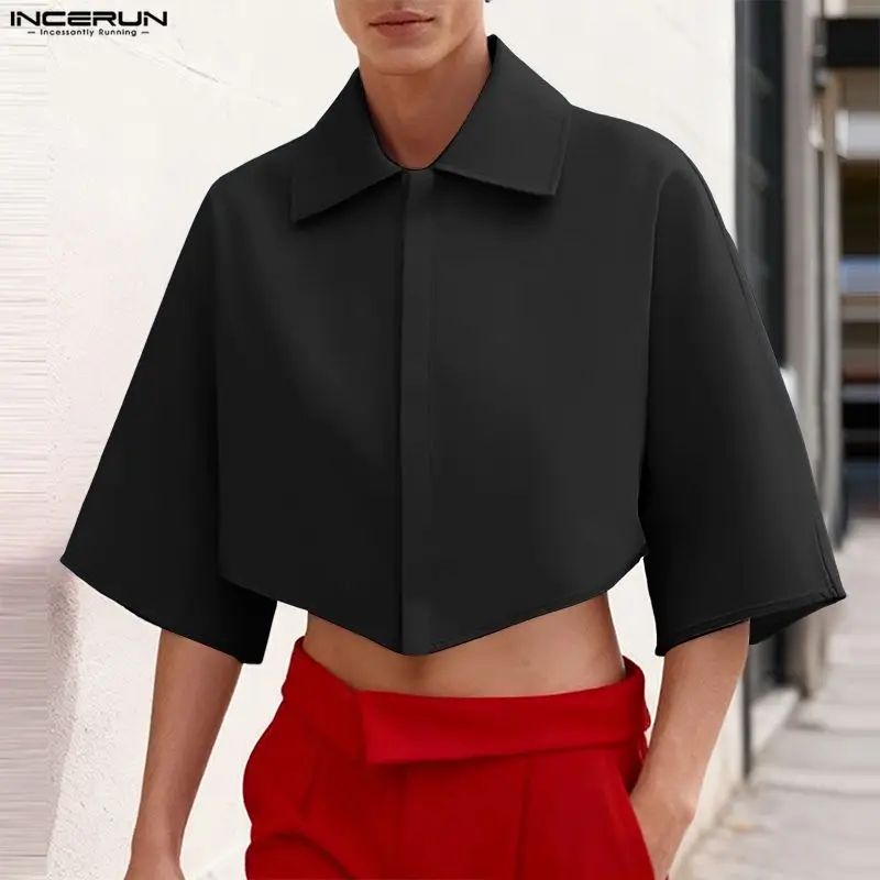 Men Shirt Solid Color Lapel Half Sleeve Loose Casual Male Crop Tops Streetwear 2026 Fashion Leisure Irregular Shirts Men INCERUN