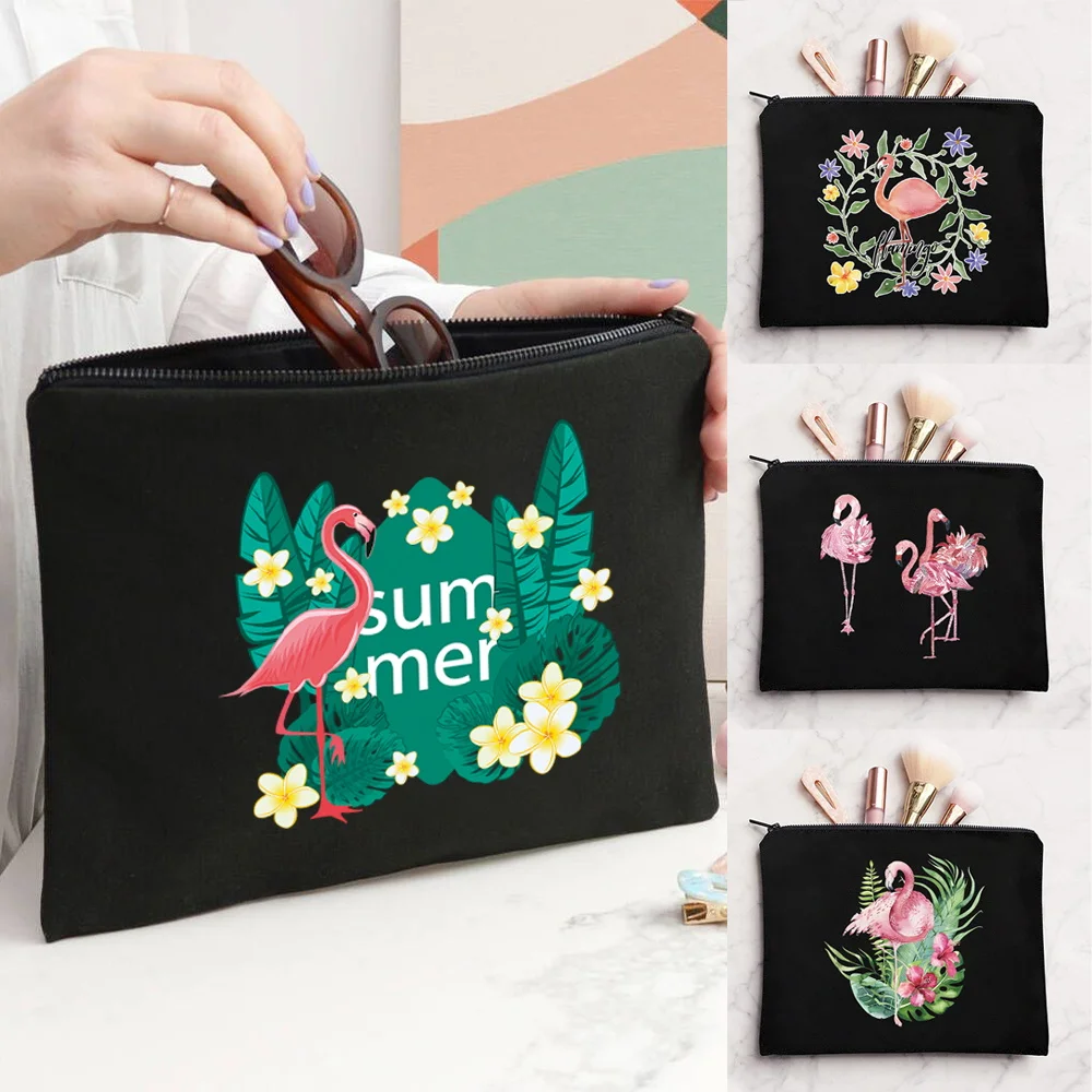 Fashion Cosmetic Bags Black Canvas Zip Storage Pouch Featuring Flamingo Print Soft Cosmetic Bag for Daily Travel Organizing
