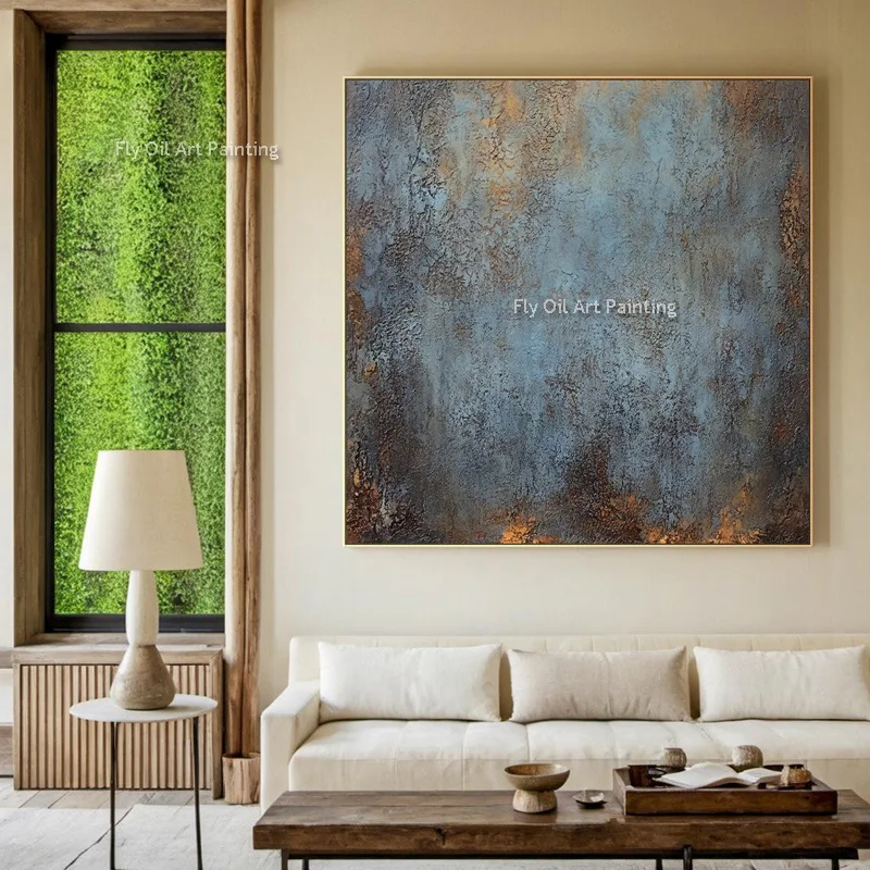 Vintage Blue Brown Abstract Thick Oil Painting Handpainted Contemporary Canvas Wall Art For Living Room Decor