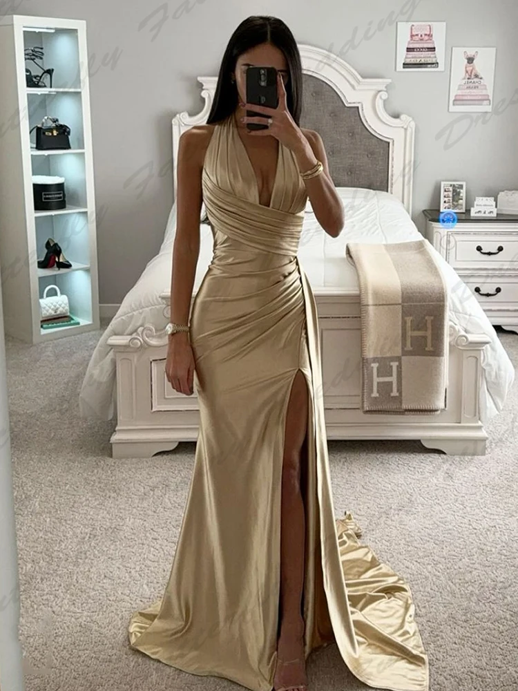 Simple Women's Evening Dresses Sexy Mermaid Side Split Sleeveless Princess Prom Gowns Formal Celebrity Party Arabic Vestidos De