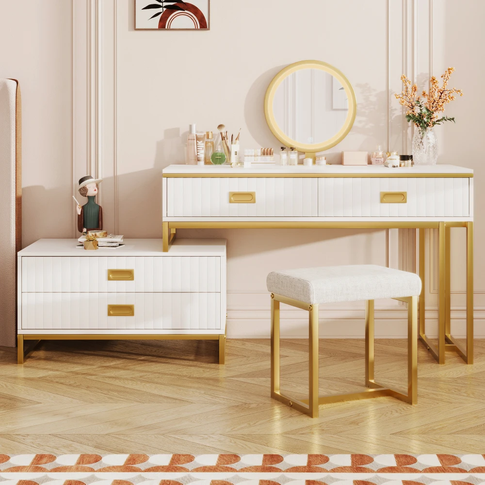 Modern Style Vanity Table With Movable Side Cabinet And 4-Drawers Dressing Table With Mirror and 3-colors LED Light Makeup Table