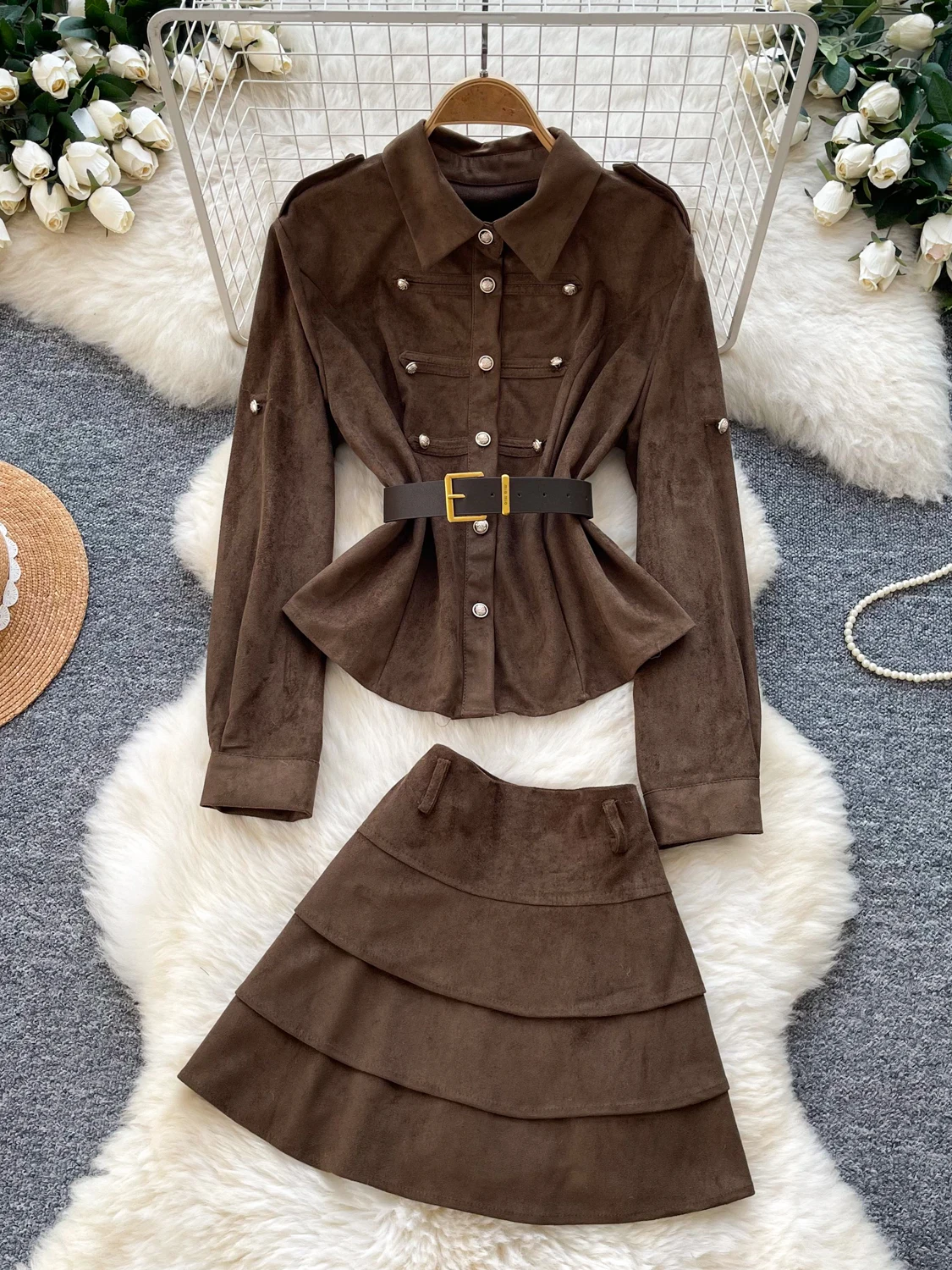 Retro Suede Shirt Set Women's Slimming Cake Skirt with Belt High Waist Two Piece Set Autumn New Style Fashionable Commute Wind