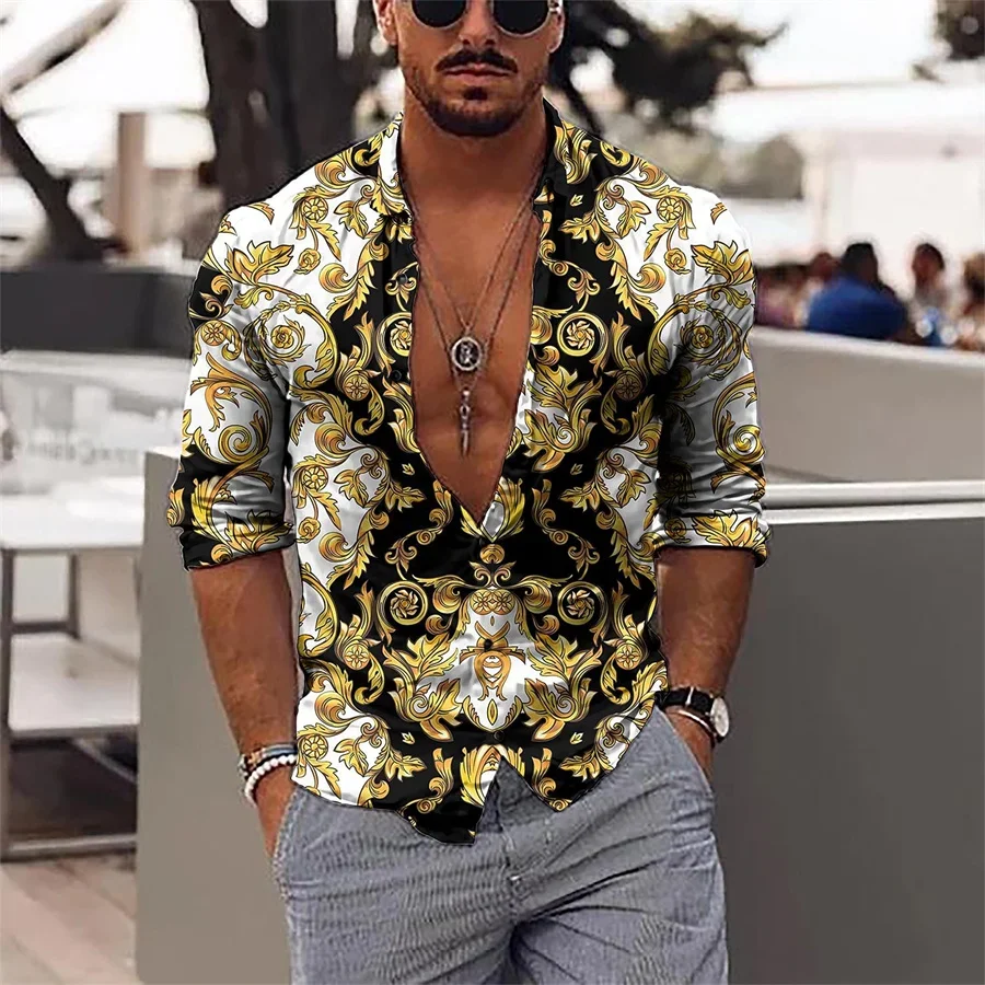 

Men Tops Shirt Floral Print Non-Iron Lapel Long Sleeve Collar Black Outdoor Street Button Print Tops Cotton Fashion Casual Retro