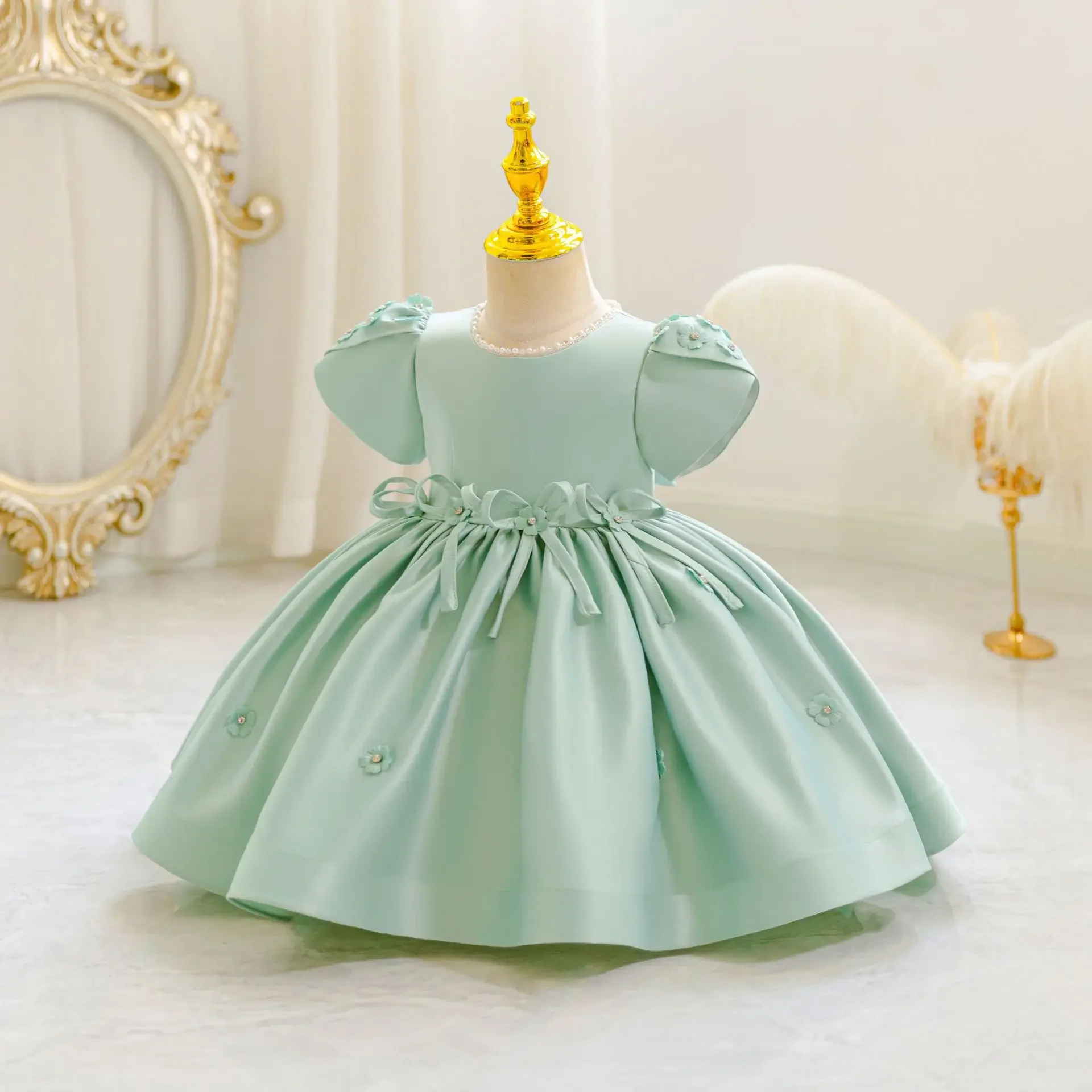 Baby Girls Dress Ribbon Bow Newborn Princess Party Ball Gown Satin Pearls Kids 1 Years Birthday Wedding Costume