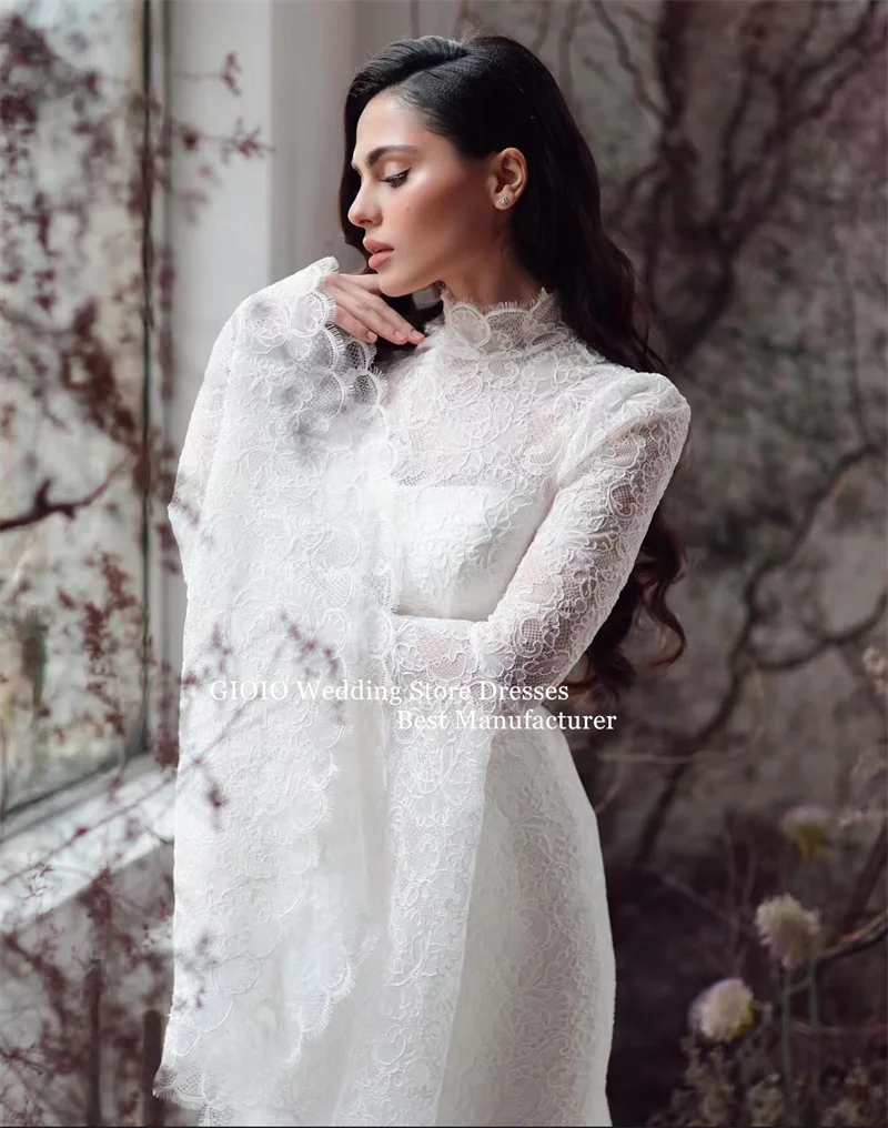 فستان زفاف GIOIO أنيق برقبة عالية وأكمام طويلة وأكمام طويلة مزين بحورية البحر من الدانتيل مع ذيل زفاف الكنيسة حسب الطلب