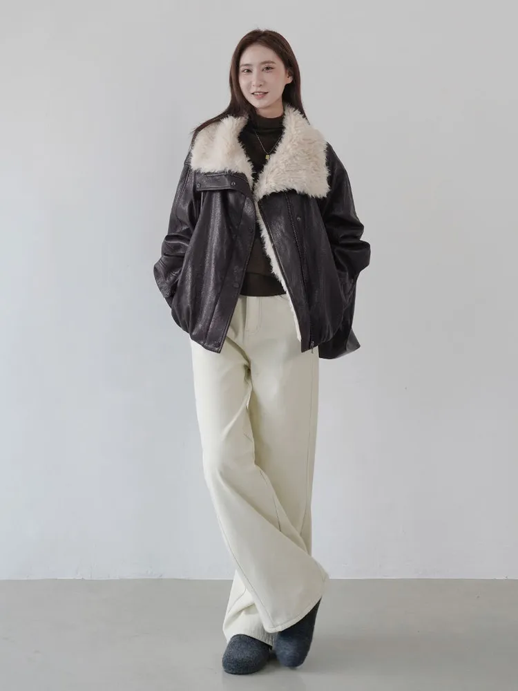 Nowa, luźna kurtka skórzana damska na jesień i zimę z futrzanym kołnierzem, skórzano-futrzany płaszcz, casualowa, ocieplana, z długim rękawem.