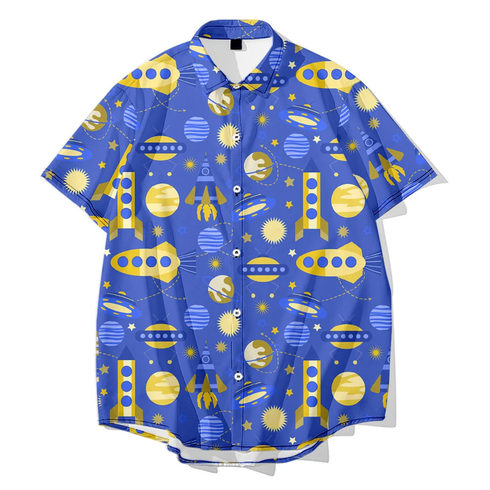 Fashion Men\'s Summer Fitting Oversized 6XL Shirt Hawaiian Spaceship Cartoon Planet Print Short Sleeved Top Beach Casual Shirt