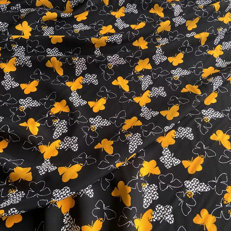 114CM Wide 16mm Yellow Butterflies Printed Black Silk Crepe de Chine Fabric for DIY Sewing Summer Pants Dress Pajamas C001-72