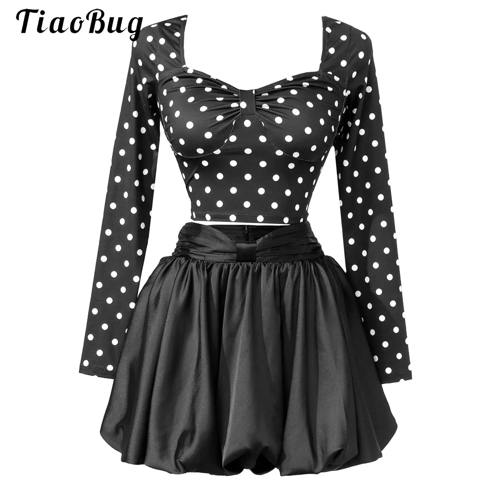 women-2pcs-clubwear-long-sleeve-polka-dot-tops-cropped-shirts-with-zipper-mini-skirt-set-for-vacation-outings