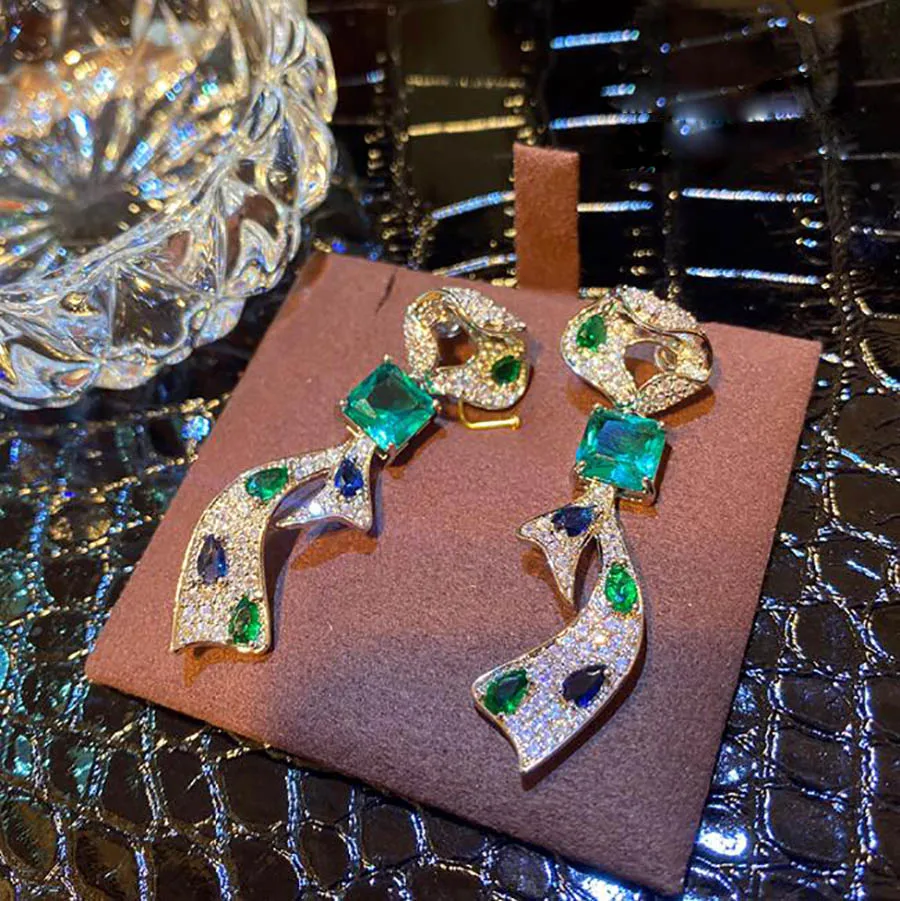 

Retro elegant high-end ribbon bow colored diamonds strap earrings for women luxury fairy green zircon sweet fine jewelry