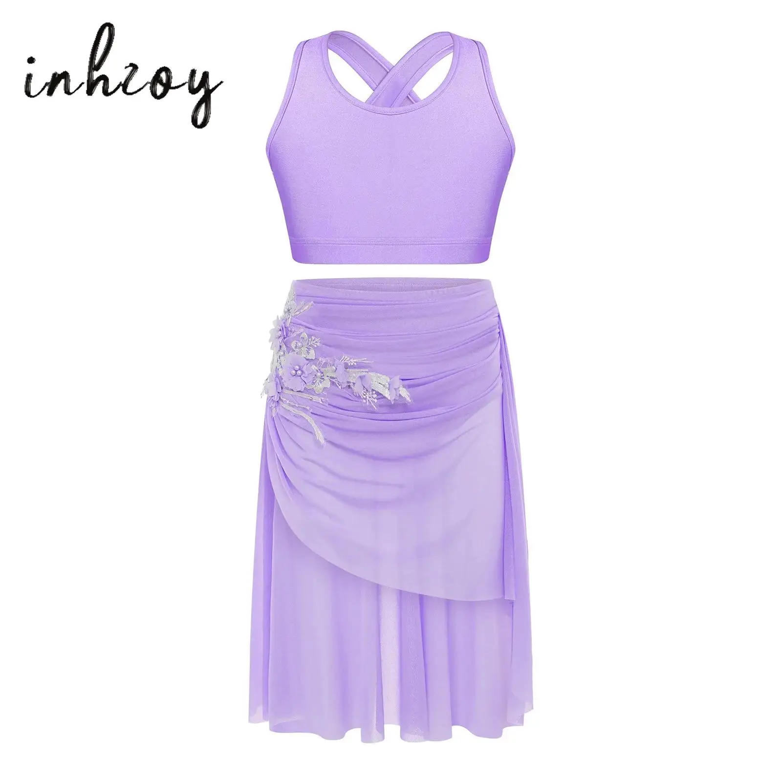 

Kids Girls Lyrical Dance Outfit U Neck Sleeveless Cross Keyhole Back Cropped Vest with Applique Asymmetrical Ruched Mesh Skirt