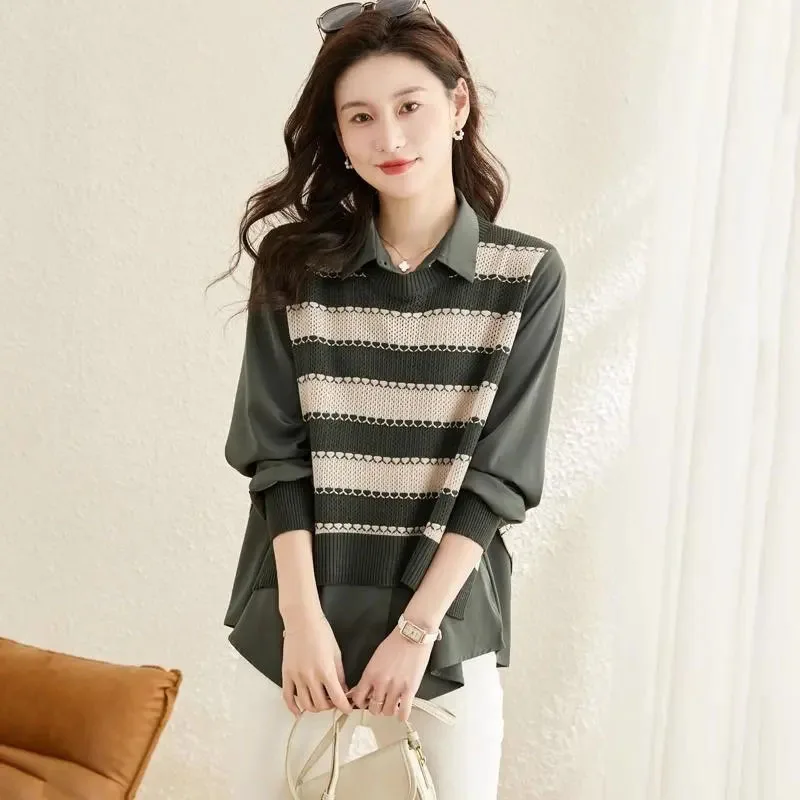 

Весенне-осенний новый женский воротник рубашки, искусственный свитер из двух предметов, модный полосатый свитер-рубашка, однобортный свободный топ с лацканами