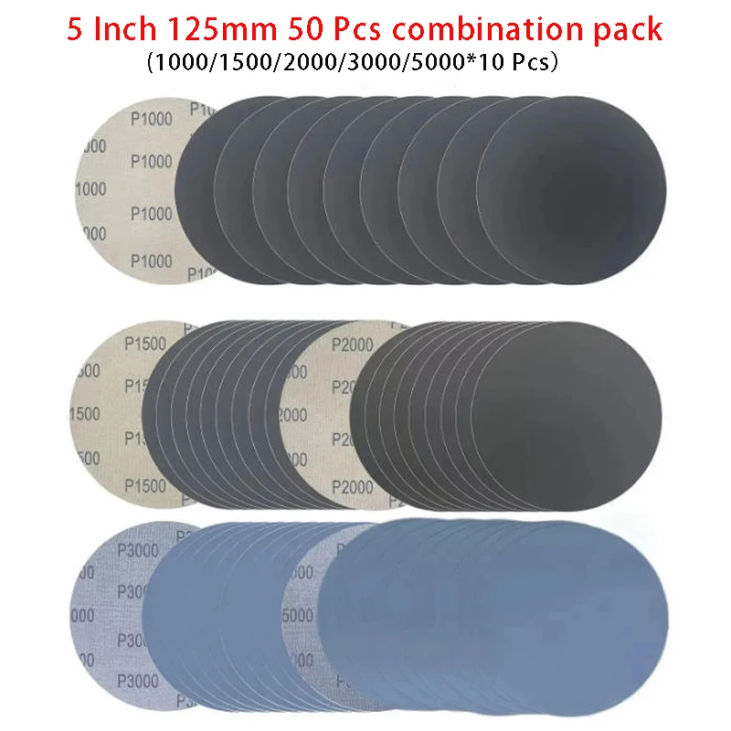5-Inch/125mm, 50pcs Wet& Dry Sandpaper Hook and Loop Sheets with Various Grits(1000 1500 2000 3000 5000) Waterproof Silicon