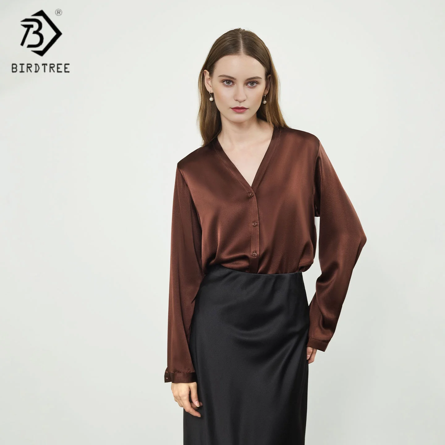

Birdtree,OEKO-TEX,90% Mulberry Silk Blouse,Women Full Sleeve V-neck Tops,Commuting,Single Breasted,2025 Autumn Shirt T5D207JF
