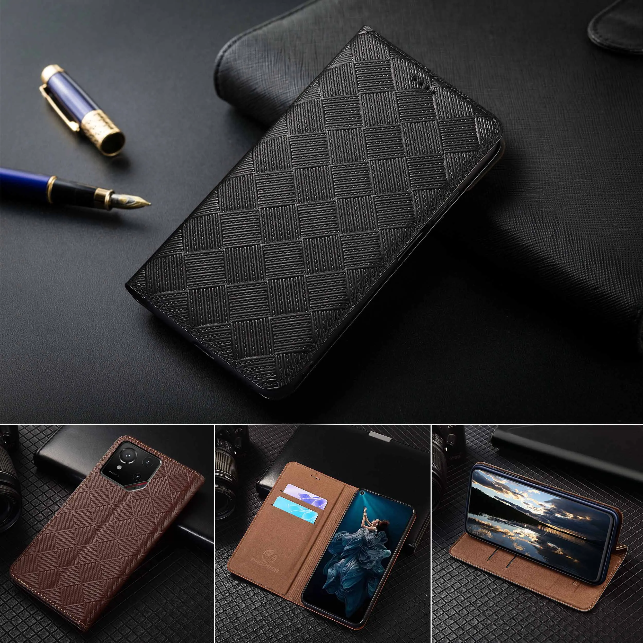 

For Asus Rog Phone 3 5 5S 6 6D 7 8 9 Pro Ultimate FE Knit Pattern Of Genuine Leather Wallet Flip Phone Cover Case Cowhide NoSlip