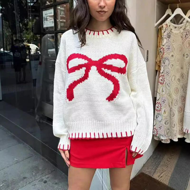 

Print Bow Women Knit Sweaters Round Neck Loose Long Sleeve Sweater Elegant Streetwear Pullover Splice Autumn Winter 2025