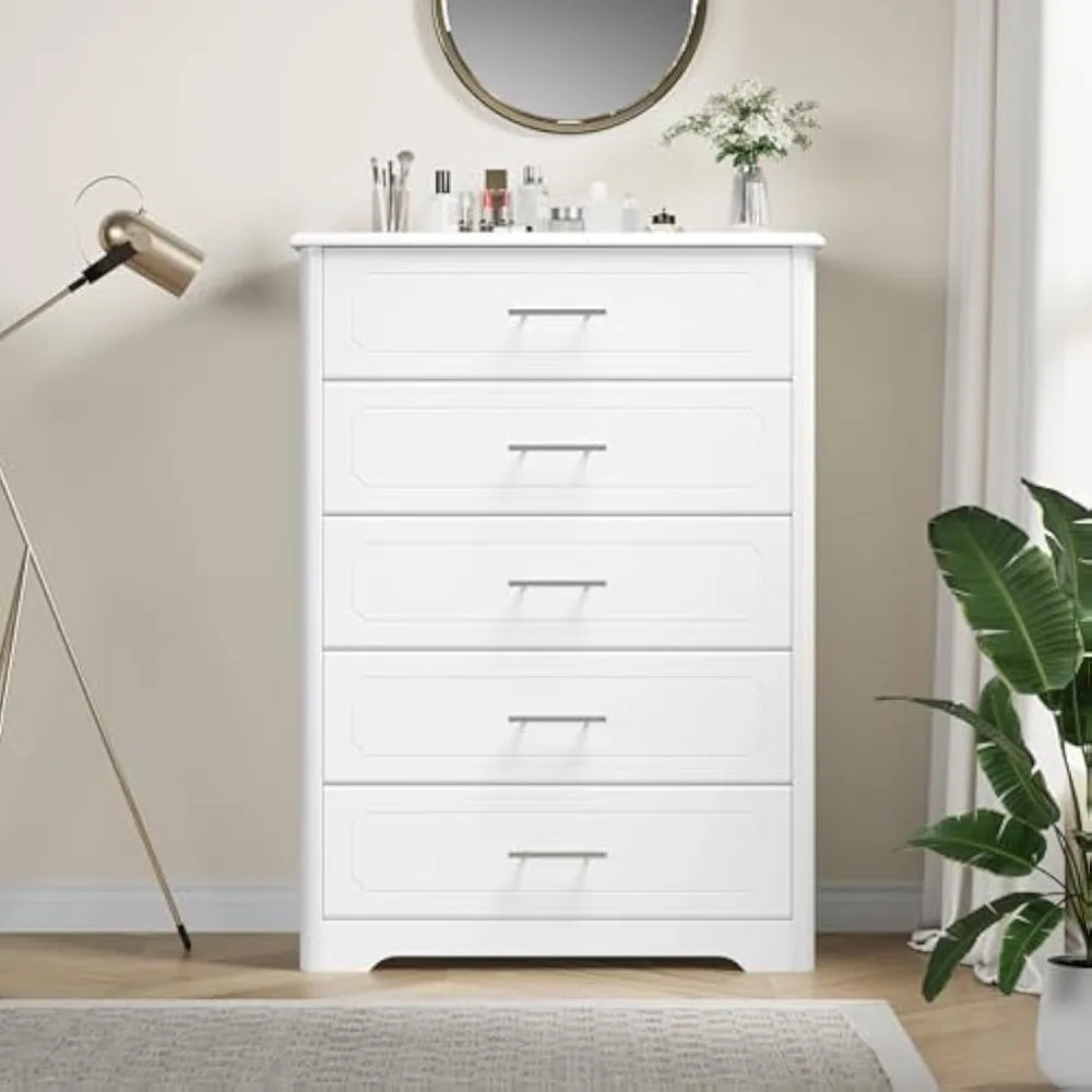 

5 Drawer Dresser, Tall White Dresser Chest of Drawers, Modern Storage Cabinet with Metal Handles