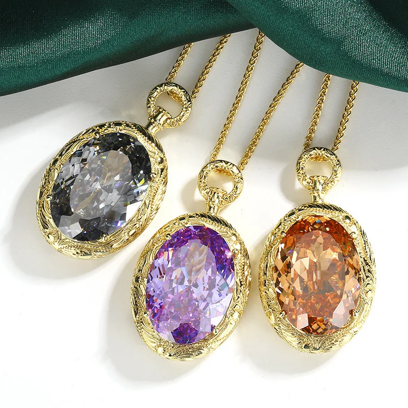 Gold Plated Large Oval CZ Pendant Necklace 18×25mm Main Stone Colorful Crystal Statement Necklace Women Party Fashion Jewelry