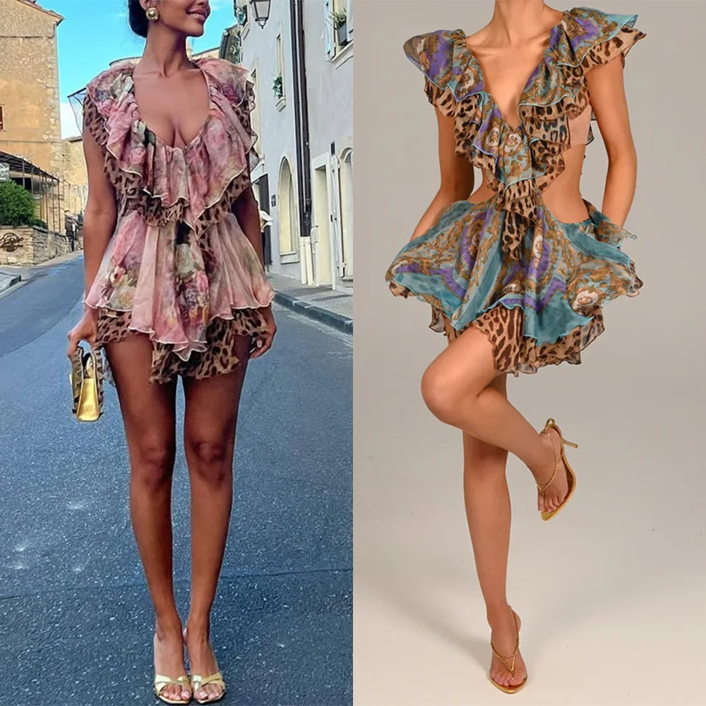 Sexy Sleeveless Print Irregular Hem Dress Dresses Spring Summer Women's Evening Party Jumpsuit Playsuit Matching Set