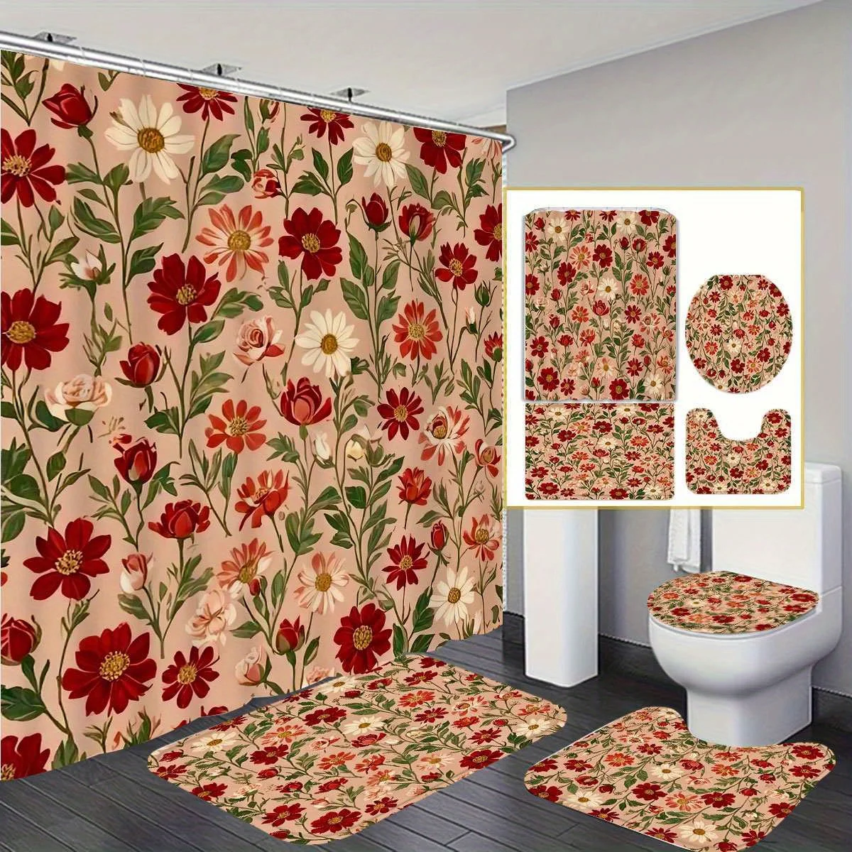 

Набор занавесок для душа из полиэстера с ярким цветочным принтом и 12 крючками, нескользящим ковриком для ванной и U-образным чехлом на сиденье унитаза — машина была