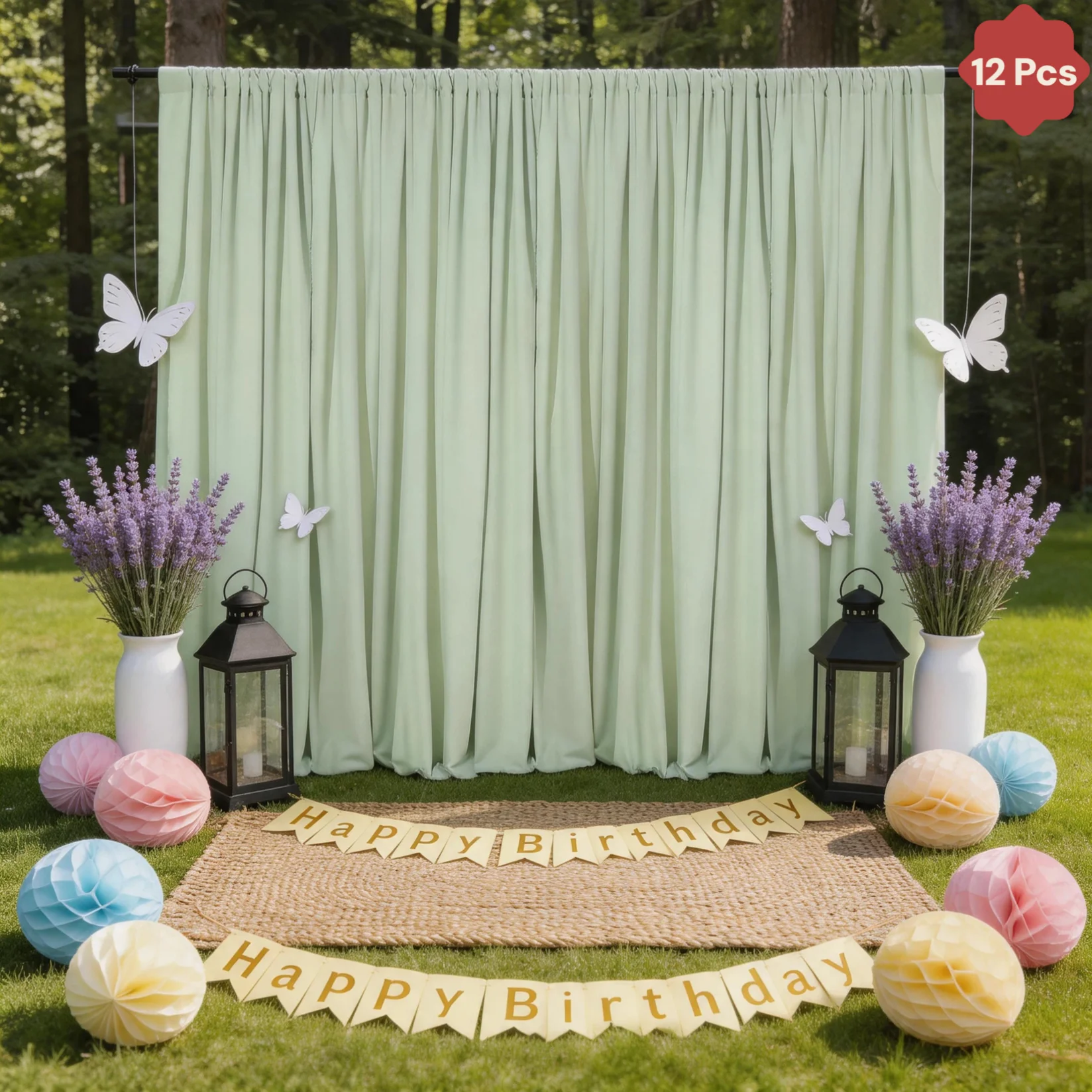 

12 Panels 5ft X 10ft Pea Green Backdrop Curtain 60x10ft Polyester Photo Curtain Backdrop Wedding Back Drop Fabric Drapes for Party Decorations Background for Photography