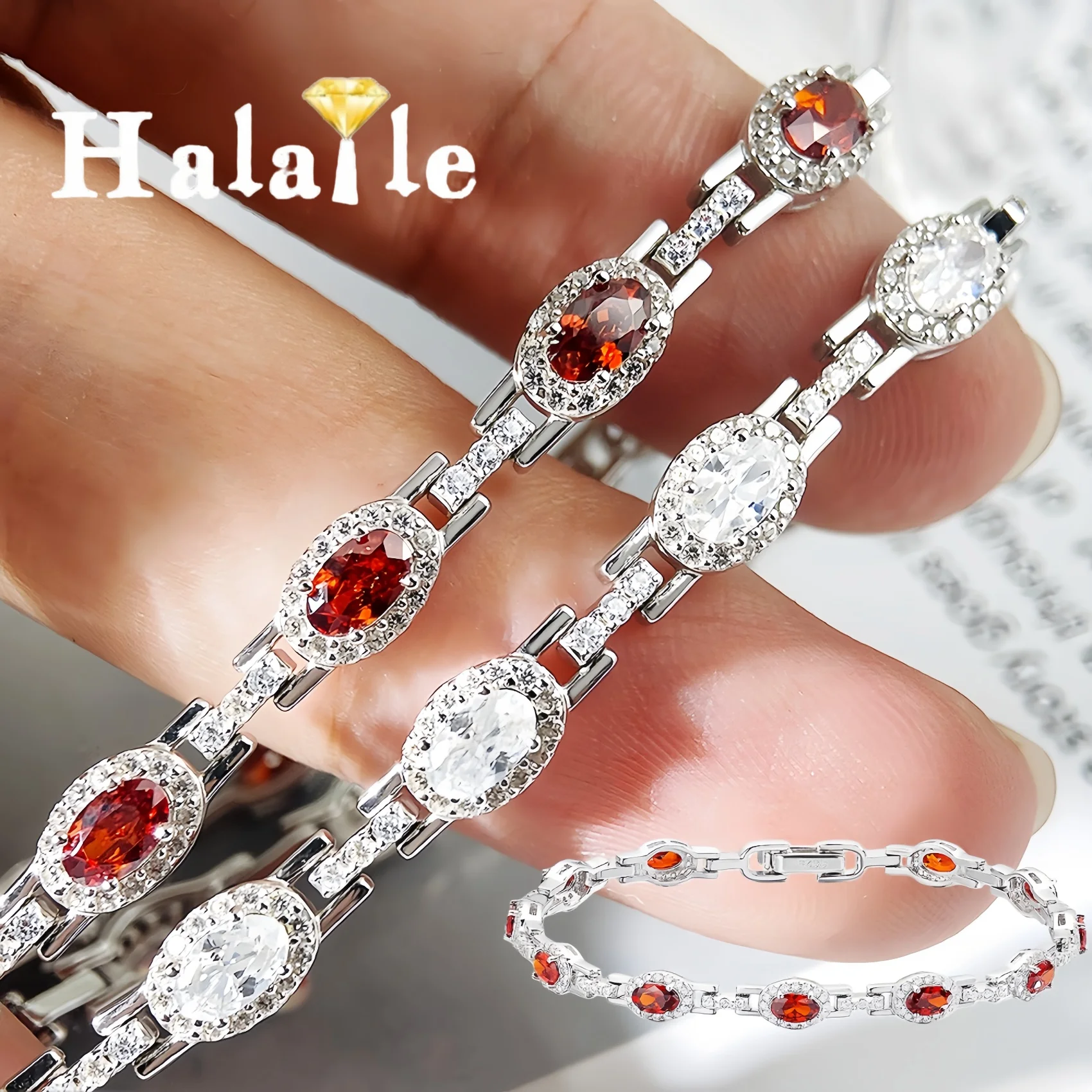 

Браслет Halaile 0,3 карата с муассанитом/красным цирконом и овальным бриллиантом S925, серебро для женщин, сверкающий, изысканный, элегантный, модный, для помолвки