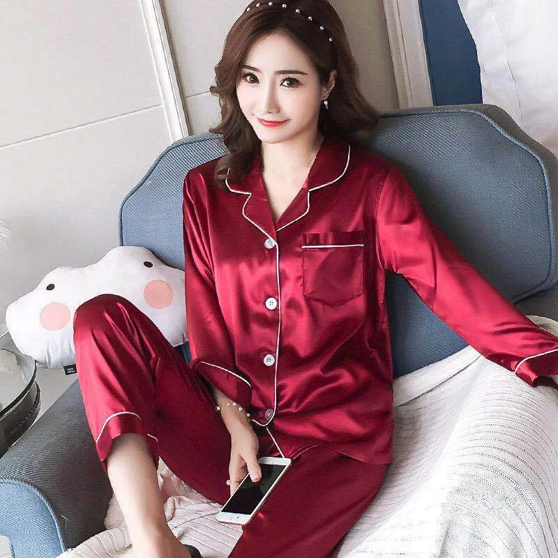 

Plus Size 5XL Women's Pajamas Set Satin Silk Sleepwear Turn-down Collar 2 Pieces Pijima Casual Soft Loungewear Home Clothes