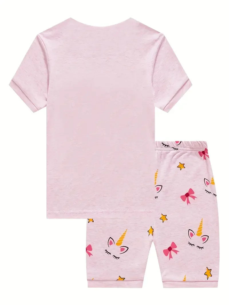 2pcs Toddler Girls Cotton Pajamas Outfit Cartoon Unicorn Graphic Crew Neck T-Shirt Top & Elastic Waist Shorts Sleepwear