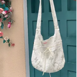 JIAERDI Fairycore White Shoulder Bags Purse Women Hot Girls Bow Chic Lace Y2k Handbag Female Vintage Canvas Tote Bag Aesthetic