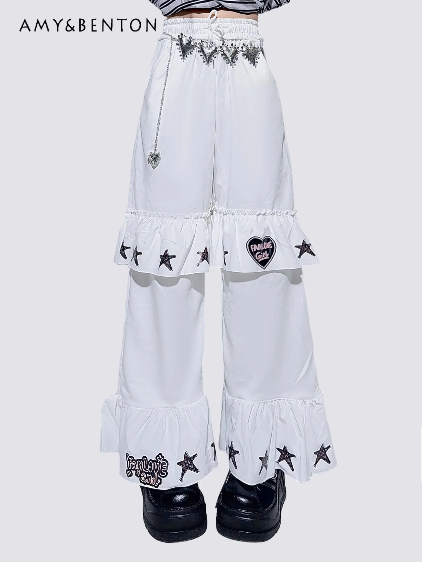 

Новые летние женские свободные повседневные брюки в американском уличном стиле с принтом белых звезд и букв, прямые, широкие штанины, коллекция 2026 года